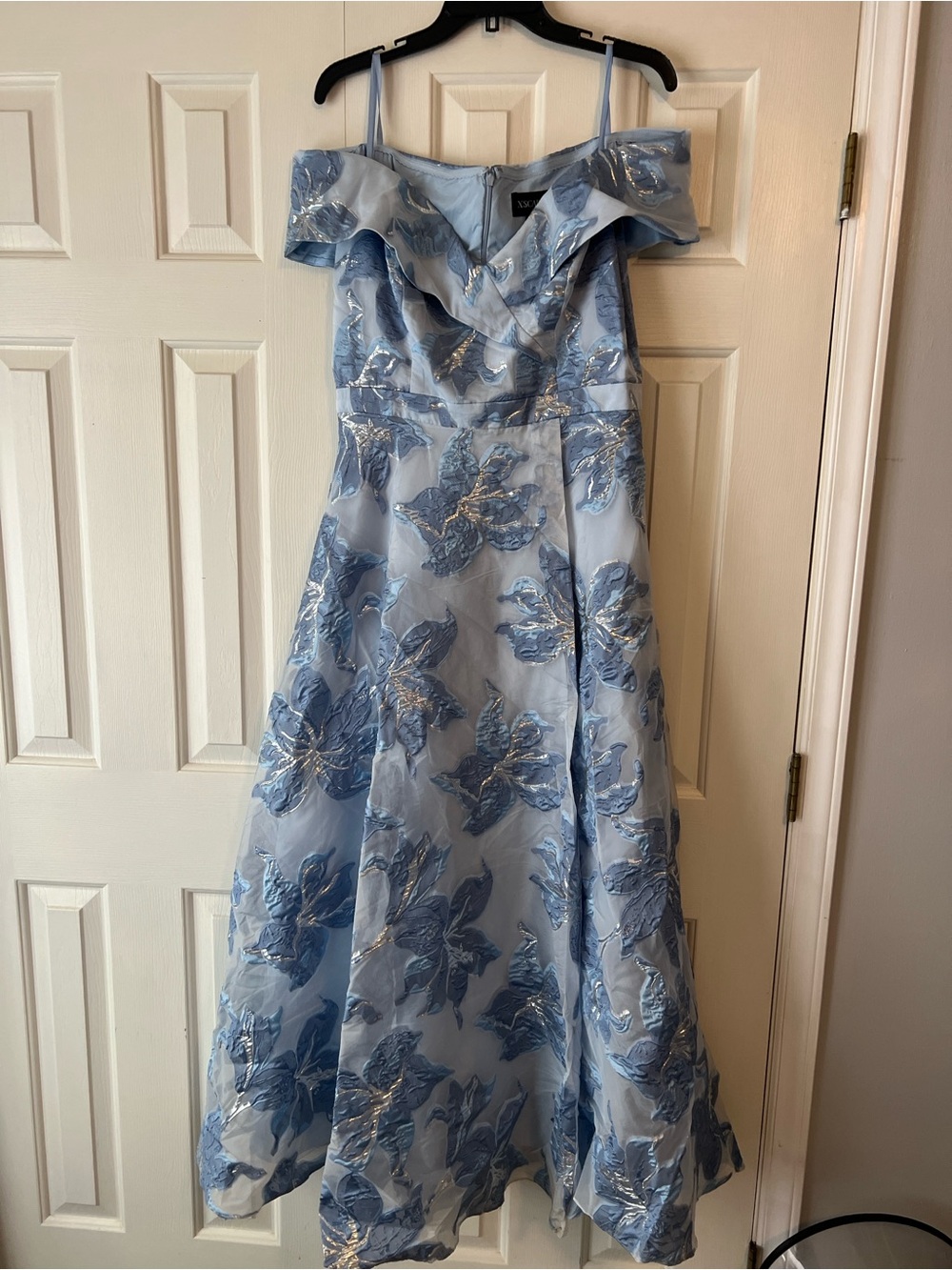 Xscape Light Blue Floral Off-Shoulder Prom Gown